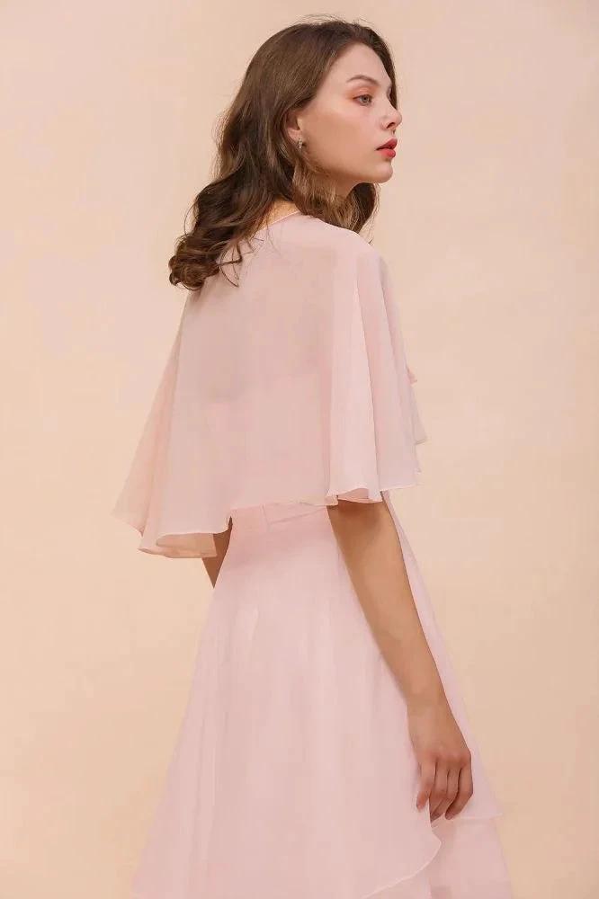 Blushing Pink Bridesmaid Dress Knee Length Simple Chiffon Girls Party Dress with Wraps (ZD13006)