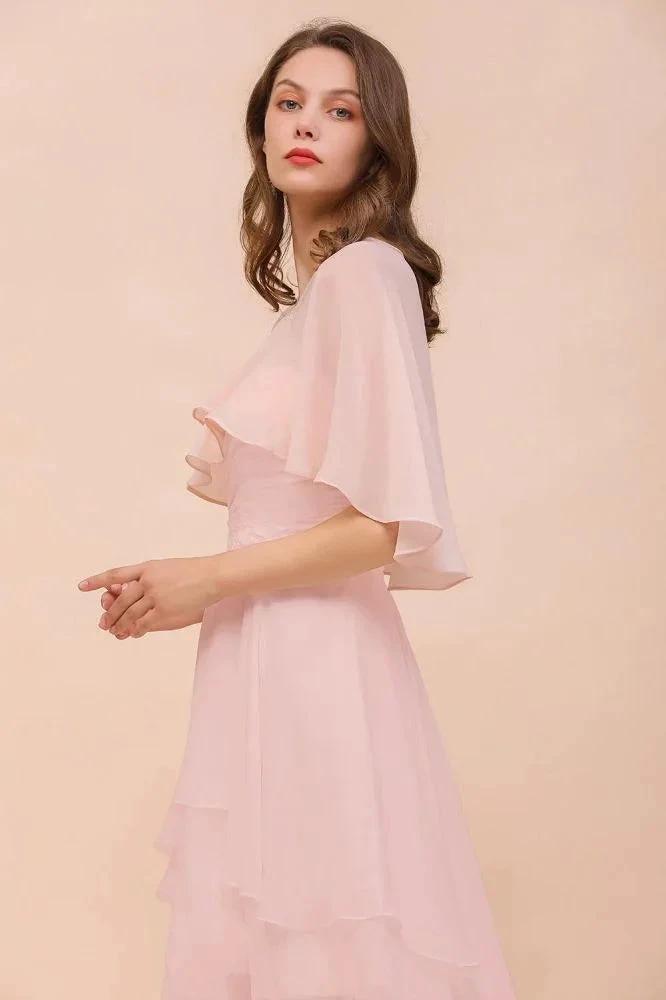 Blushing Pink Bridesmaid Dress Knee Length Simple Chiffon Girls Party Dress with Wraps (ZD13006)
