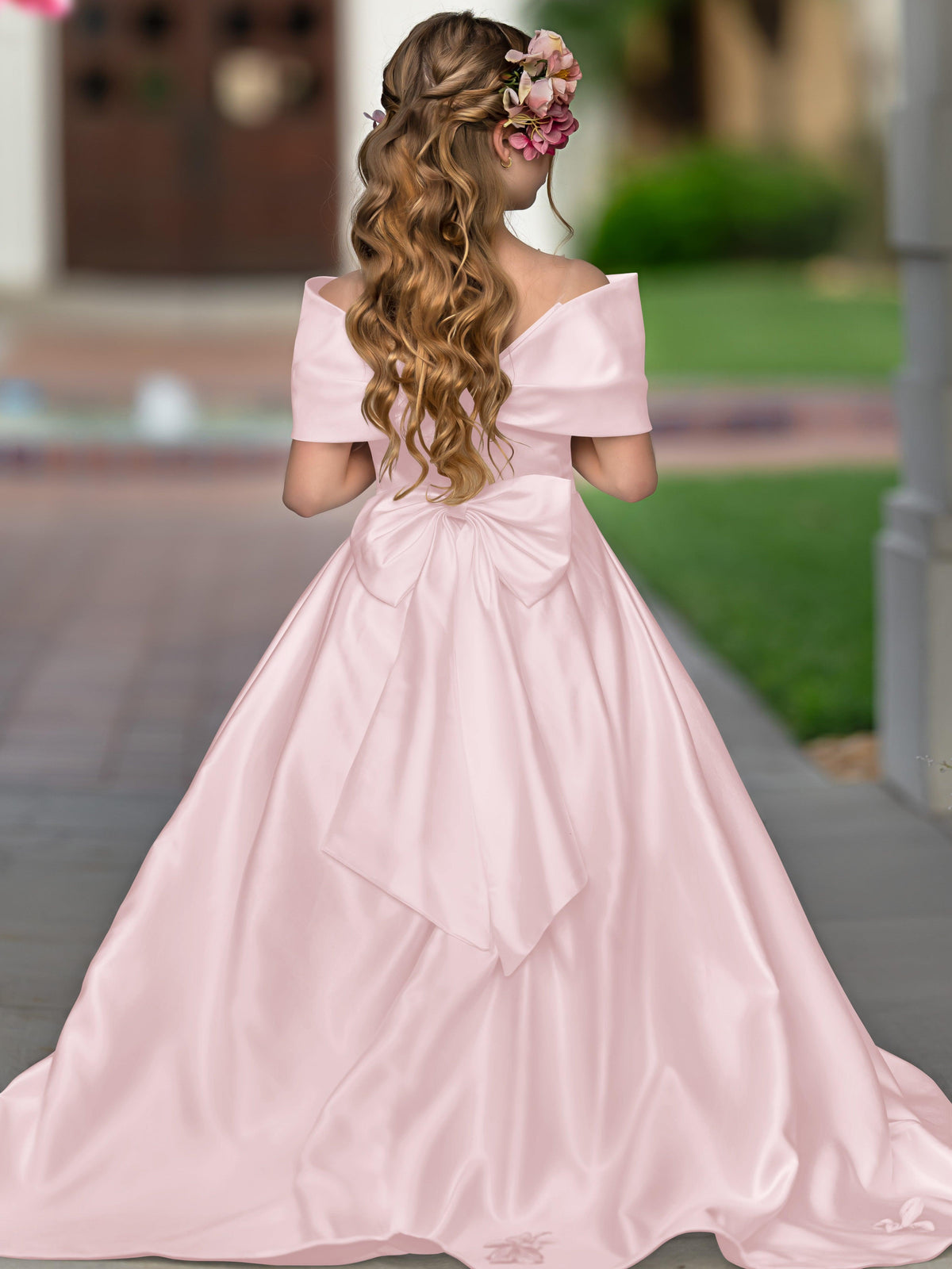 Elegant Ivory Satin Princess Ball Gown with Sweep Train and Bow for Flower Girls - View 13 | VelvetHem