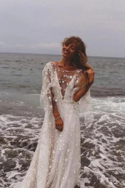 Boho A-Line Long Sleeves Backless Wedding Dresses With Lace (ZD16552) - View 3 | VelvetHem
