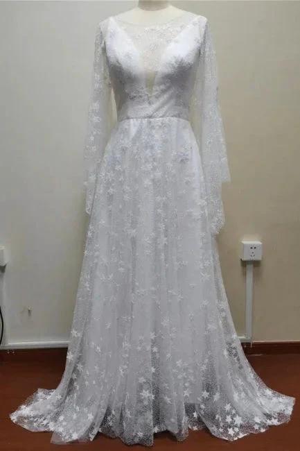 Boho A-Line Long Sleeves Backless Wedding Dresses With Lace (ZD16552)