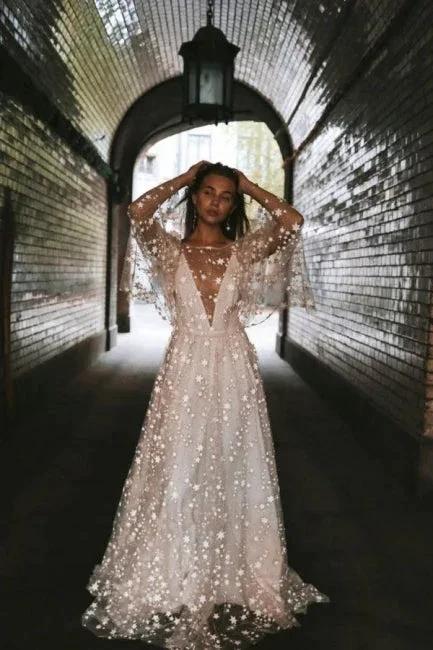 Boho A-Line Long Sleeves Backless Wedding Dresses With Lace (ZD16552) - VelvetHem