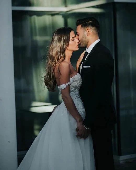 Boho A-Line Tulle Off-the-shoulder Wedding Dresses with Lace (ZD14705) - View 4 | VelvetHem