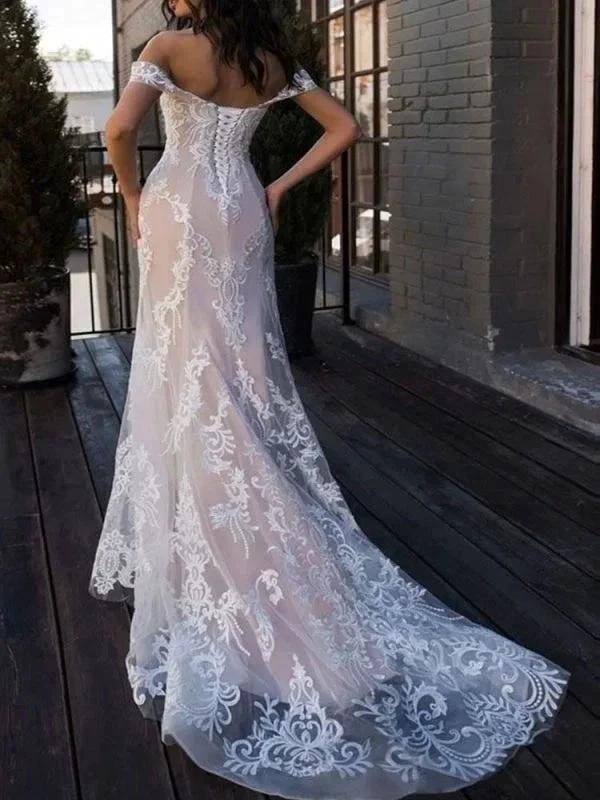 Boho Elegant Wedding Dresses Mermaid Off The Shoulder Customized Lace Short Sleeve Floor Length Bridal Gown With Sweep Train (ZD16582)