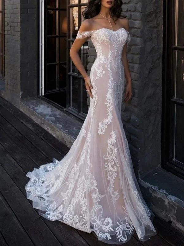 Boho Elegant Wedding Dresses Mermaid Off The Shoulder Customized Lace Short Sleeve Floor Length Bridal Gown With Sweep Train (ZD16582)