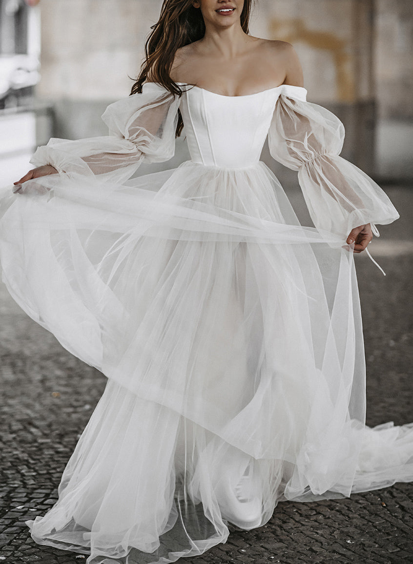 Boho Garden Tulle Off-the-Shoulder Long Sleeves A-Line Wedding Dresses