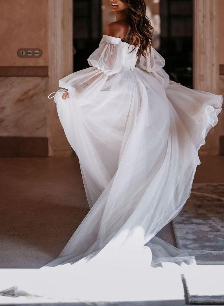 Boho Garden Tulle Off-the-Shoulder Long Sleeves A-Line Wedding Dresses