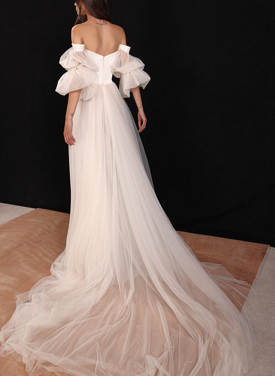 Boho Garden Tulle Off-the-Shoulder Long Sleeves A-Line Wedding Dresses