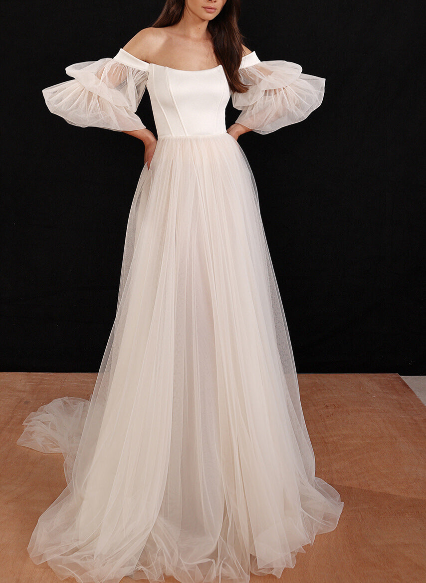 Boho Garden Tulle Off-the-Shoulder Long Sleeves A-Line Wedding Dresses