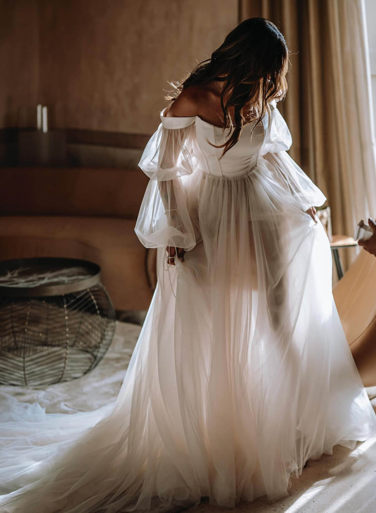 Boho Garden Tulle Off-the-Shoulder Long Sleeves A-Line Wedding Dresses