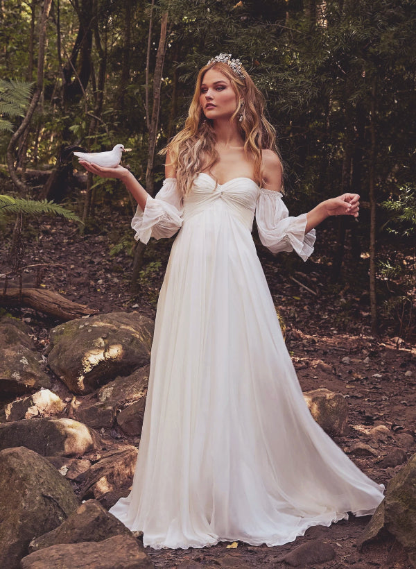 Boho Garden Wedding Dresses Off-the-Shoulder Long Sleeves Chiffon Sweep Train