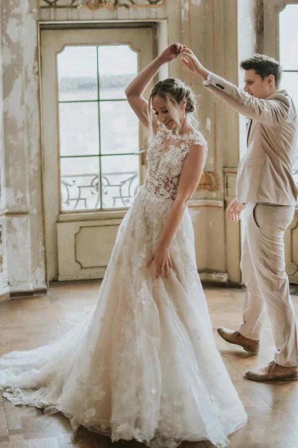 Boho Long A-line Tulle Wedding Dress with Lace Appliques (ZD15056) - VelvetHem