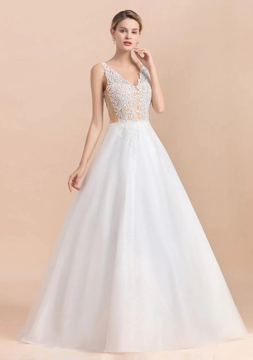 Boho Long A-line V-Neck Straps Tulle Appliques Lace Wedding Dress (ZD14417) - View 8 | VelvetHem