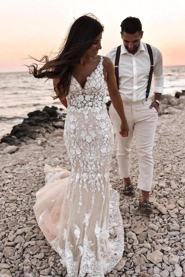 Boho Sleeveless Floral Mermaid Wedding Dress Backless Bridal Gown (ZD16569)