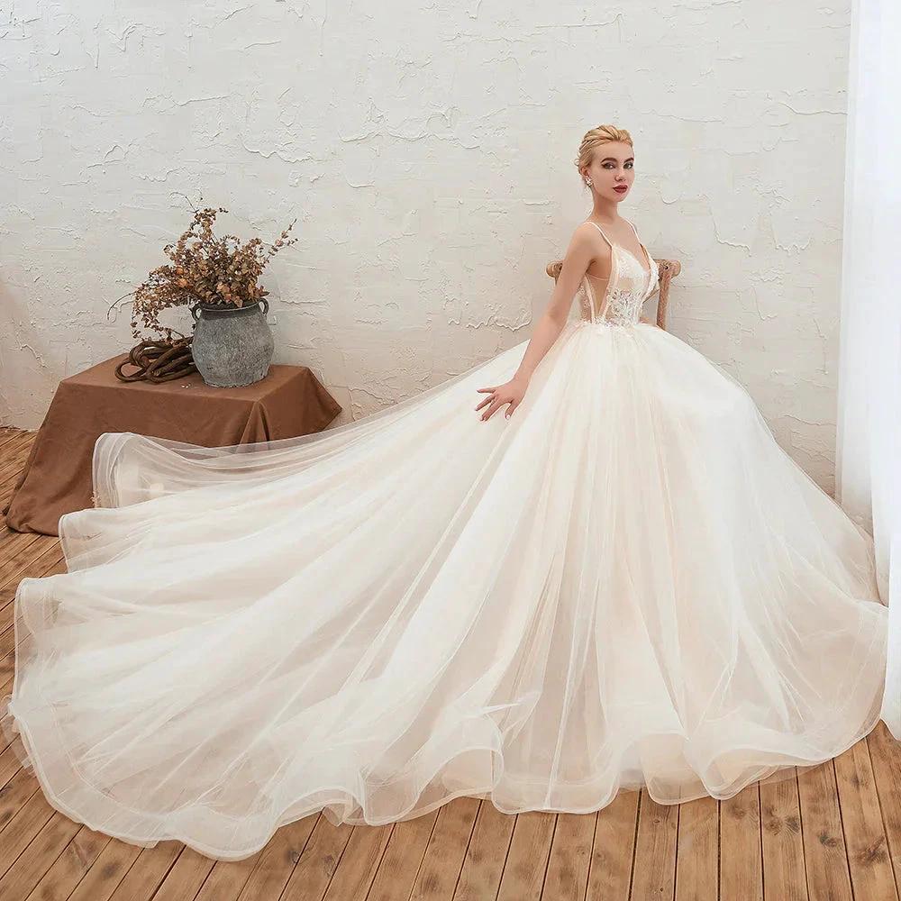 Boho Spaghetti Straps Ivory Ball Gown Tulle Aline Wedding Dress by misshow.com