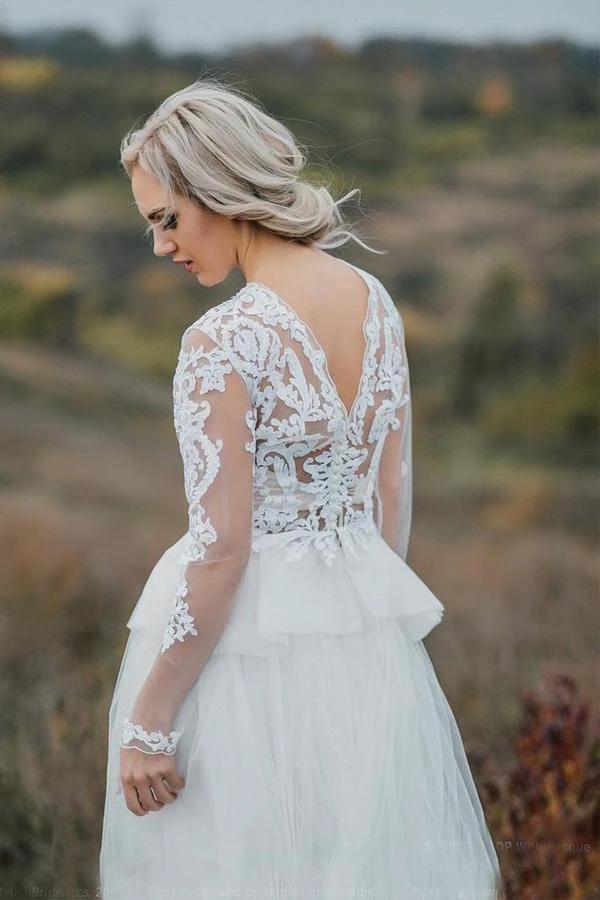 Boho Wedding Dress V Back Bridal Lace Gown Separates Wedding Dress (ZD15287)