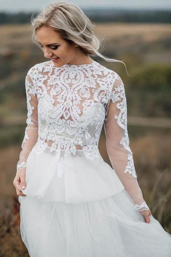 Boho Wedding Dress V Back Bridal Lace Gown Separates Wedding Dress (ZD15287)