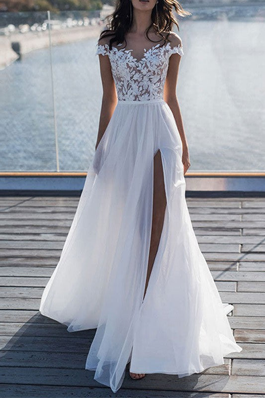 Boho Wedding Dresses Lace Off-the-Shoulder Short Sleeve Long Split Front Bridal Dress With Train