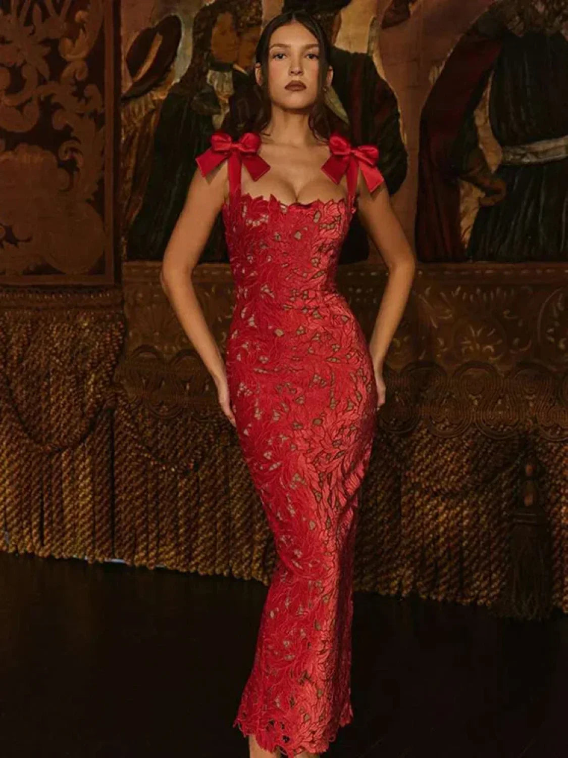 Bow Lace Backless Maxi Dress