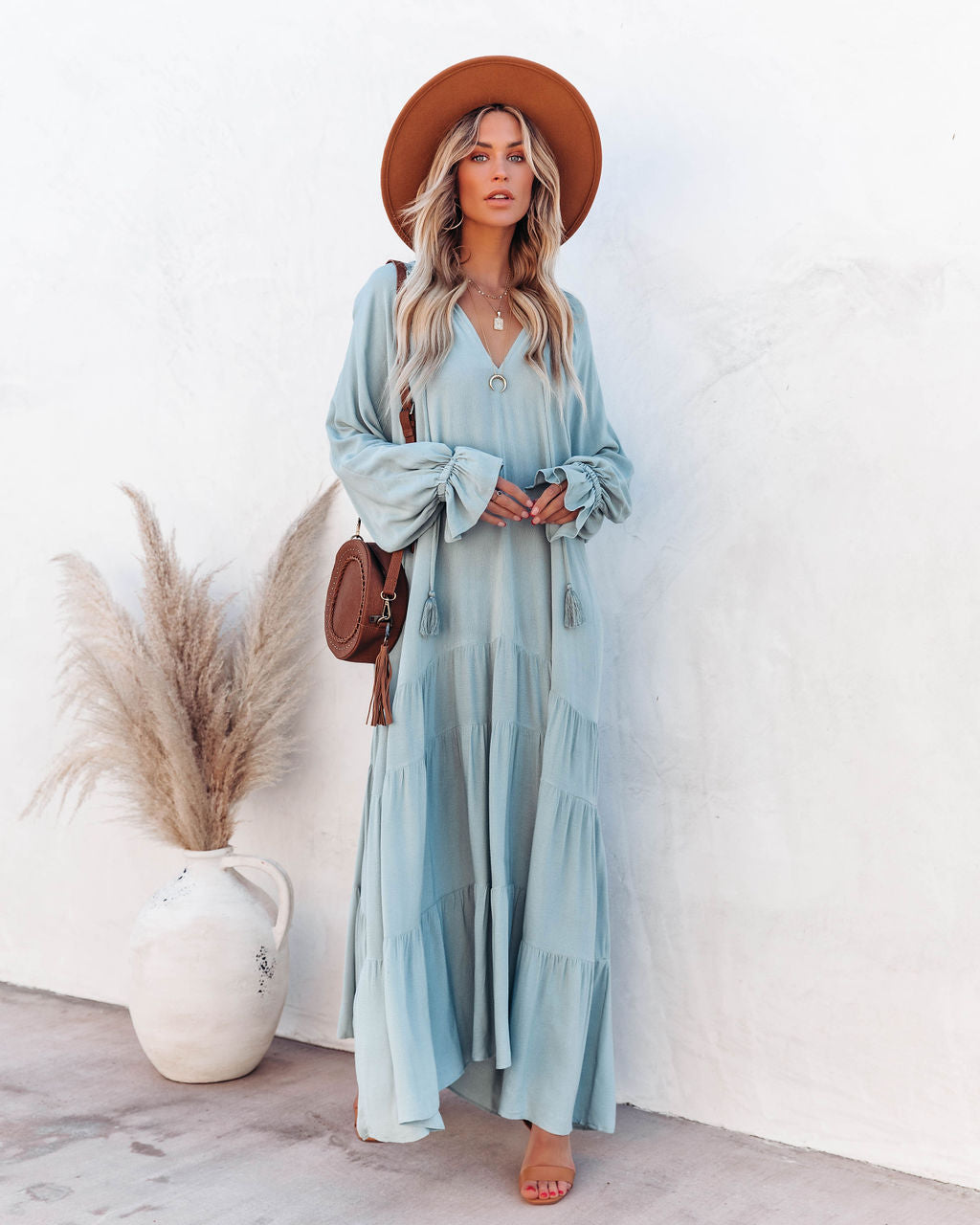 Bowdan Tiered Boho Maxi Dress Soft Blue