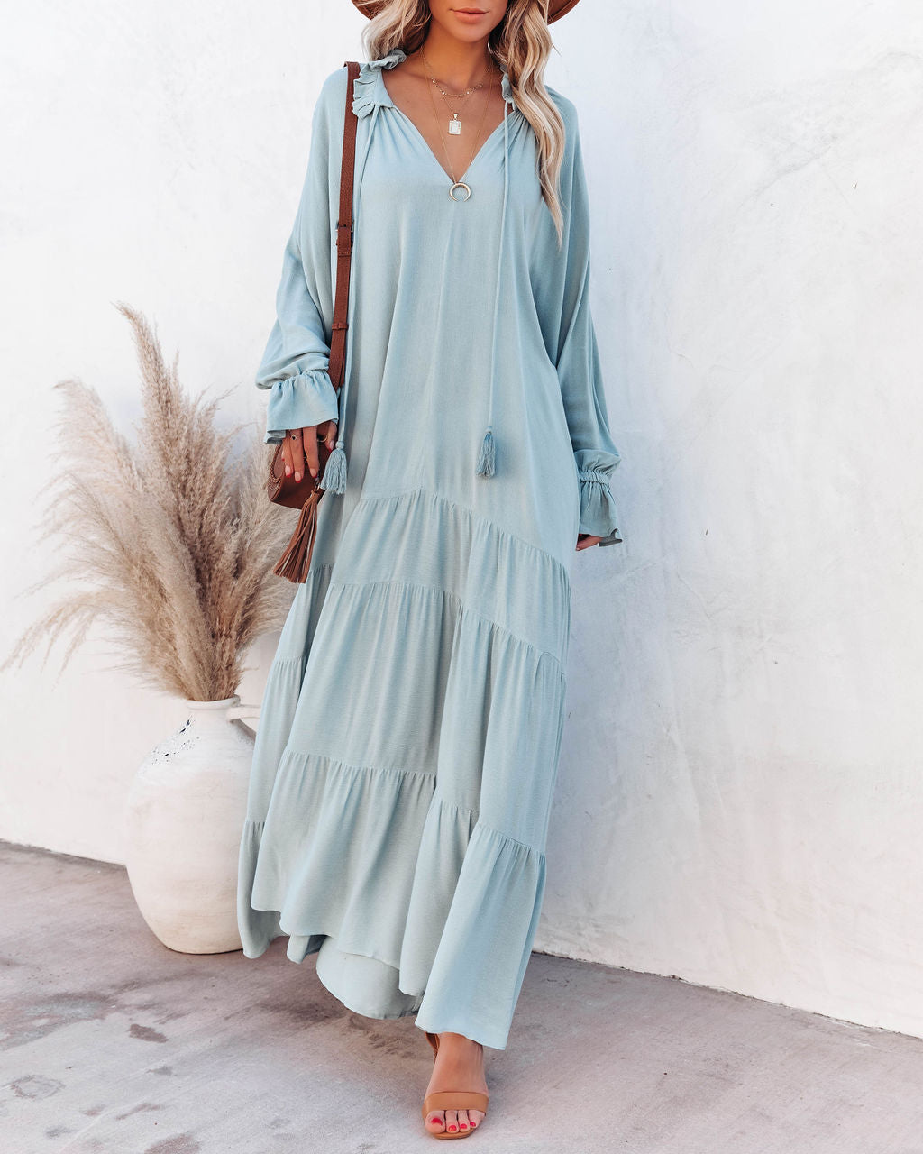Bowdan Tiered Boho Maxi Dress Soft Blue