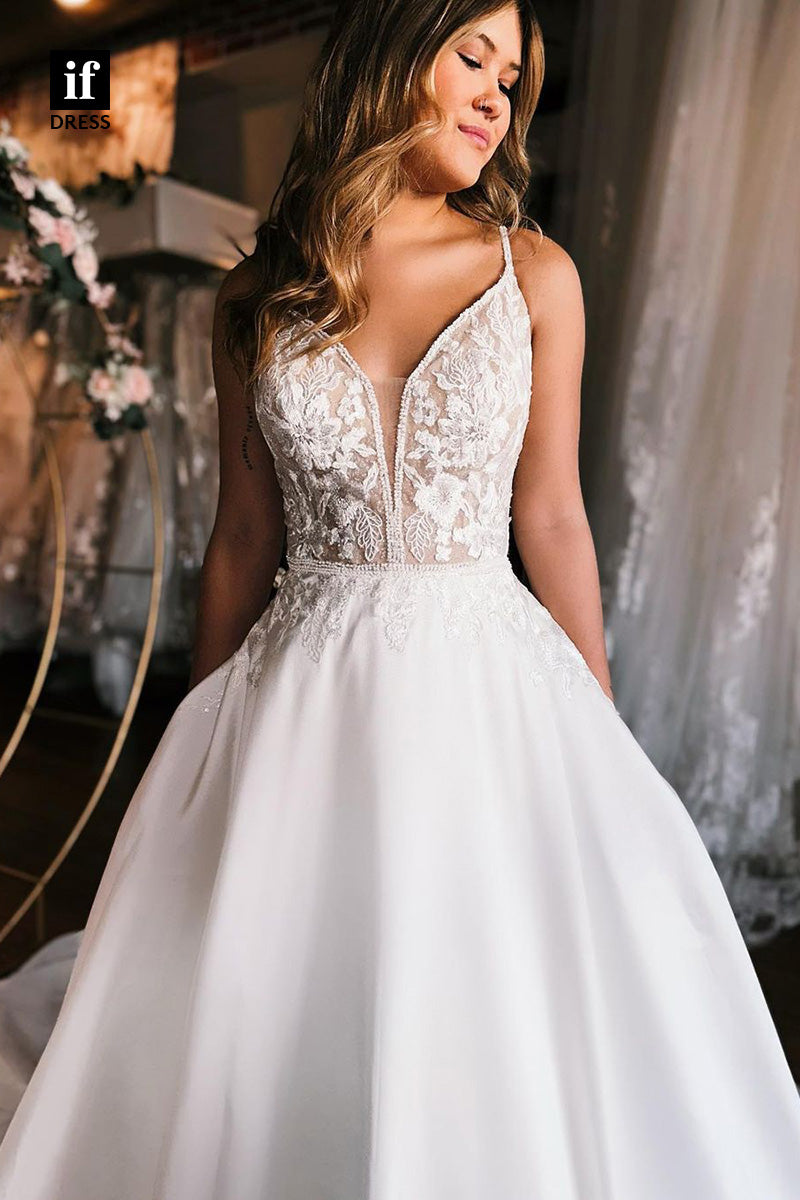 31573 - Classic Spaghetti Straps V-Neck Appliques Beach Wedding Dress