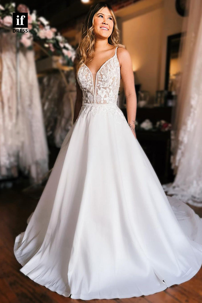 31573 - Classic Spaghetti Straps V-Neck Appliques Beach Wedding Dress