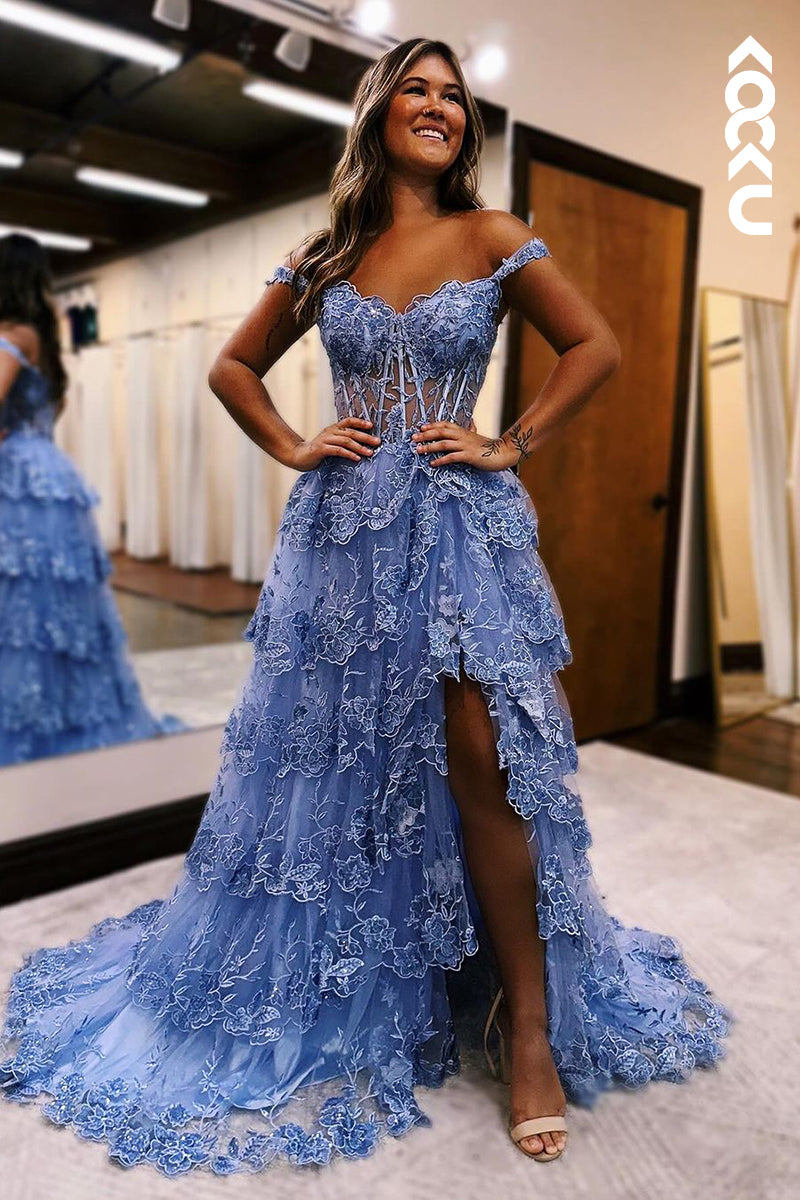 L2223 - Glamorous & Dramatic Straps Off-Shoulder Side Slit A-Line Applique Party Prom Dress