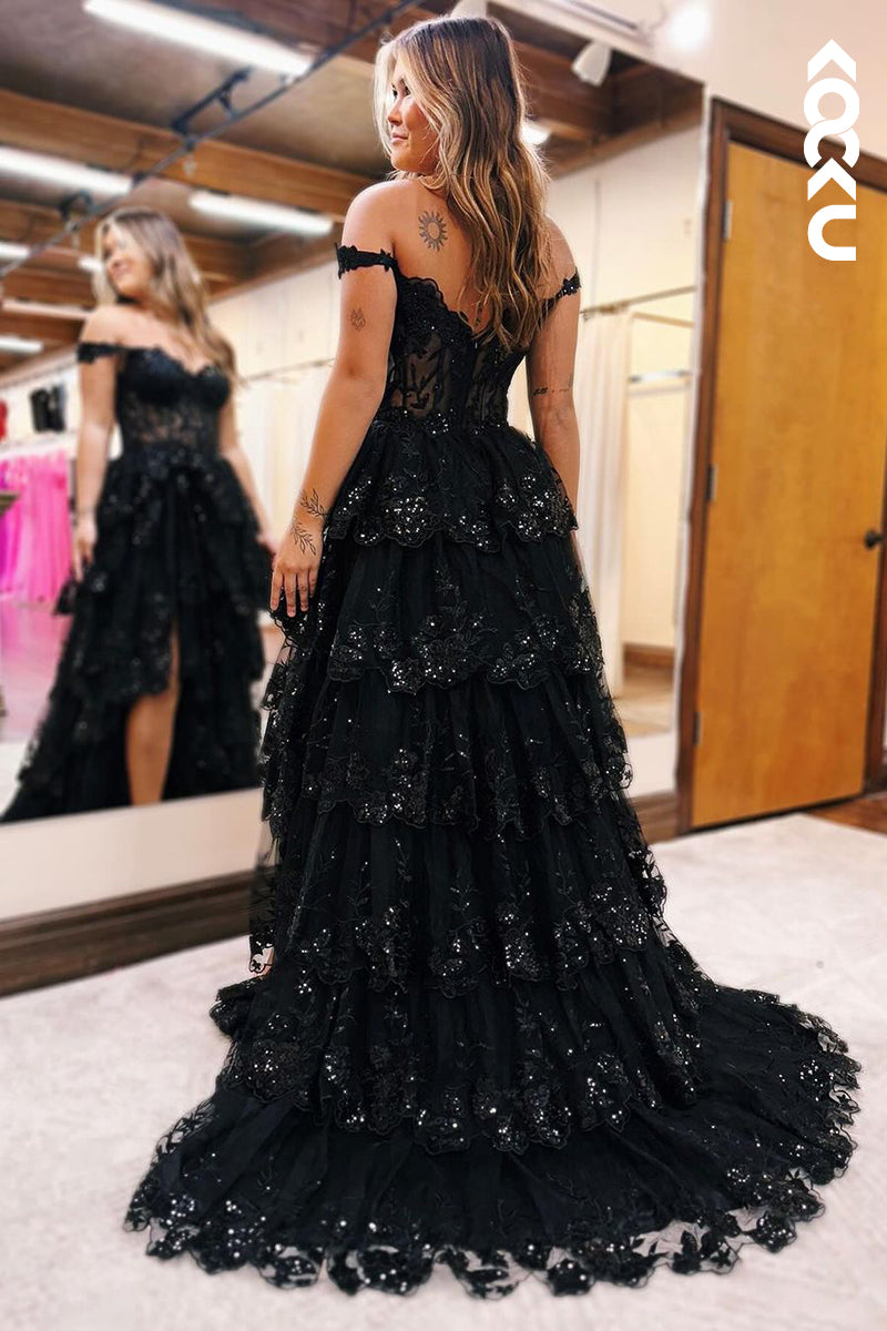 L2223 - Glamorous & Dramatic Straps Off-Shoulder Side Slit A-Line Applique Party Prom Dress