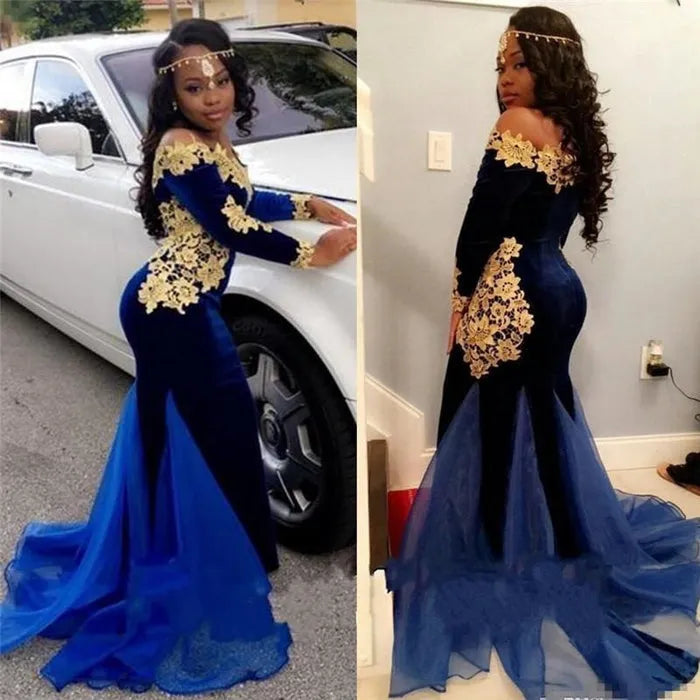 Fashion Royal Blue Mermaid Evening Dress Scoop Neck Lace Appliques Prom Gown Ruched Floor Length Outfit