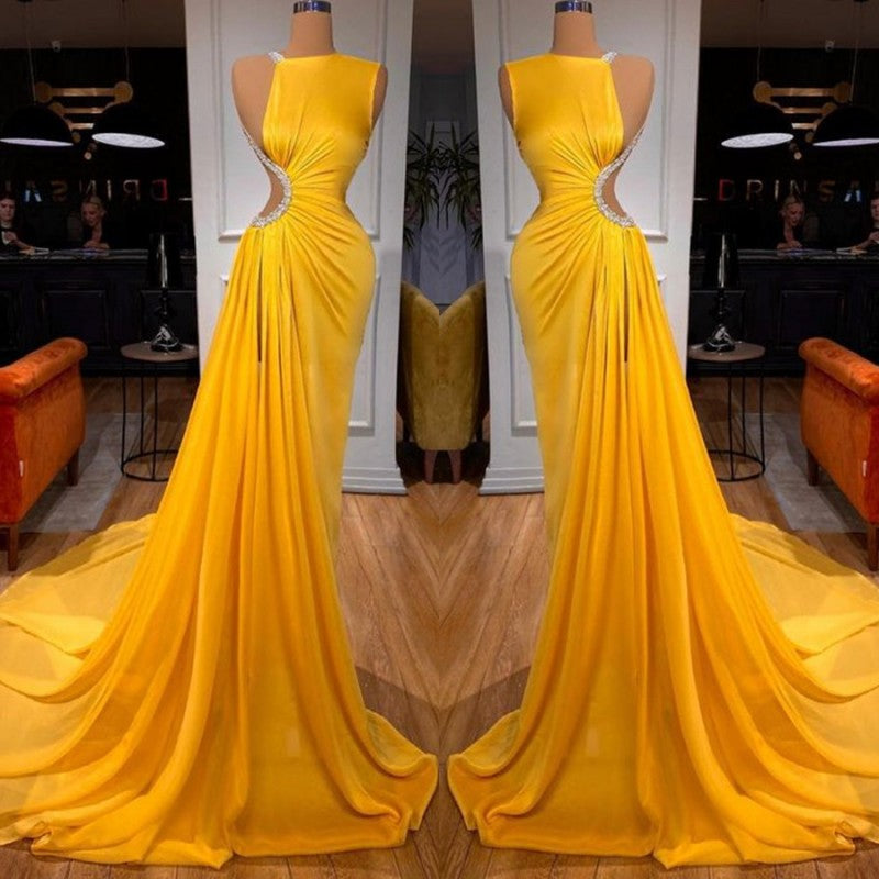 Bright Yellow Long Prom Dress Mermaid With Slit