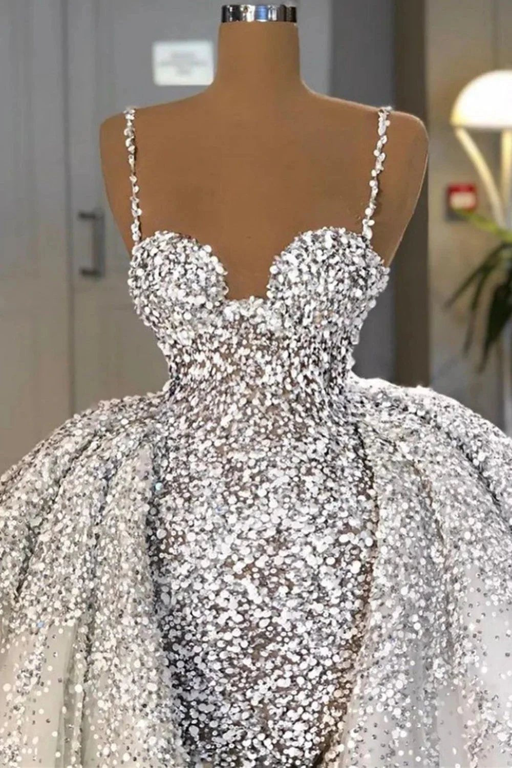Brilliant Long Mermaid Sweetheart Sequins Wedding Dress With Ruffles Train (ZD14320)