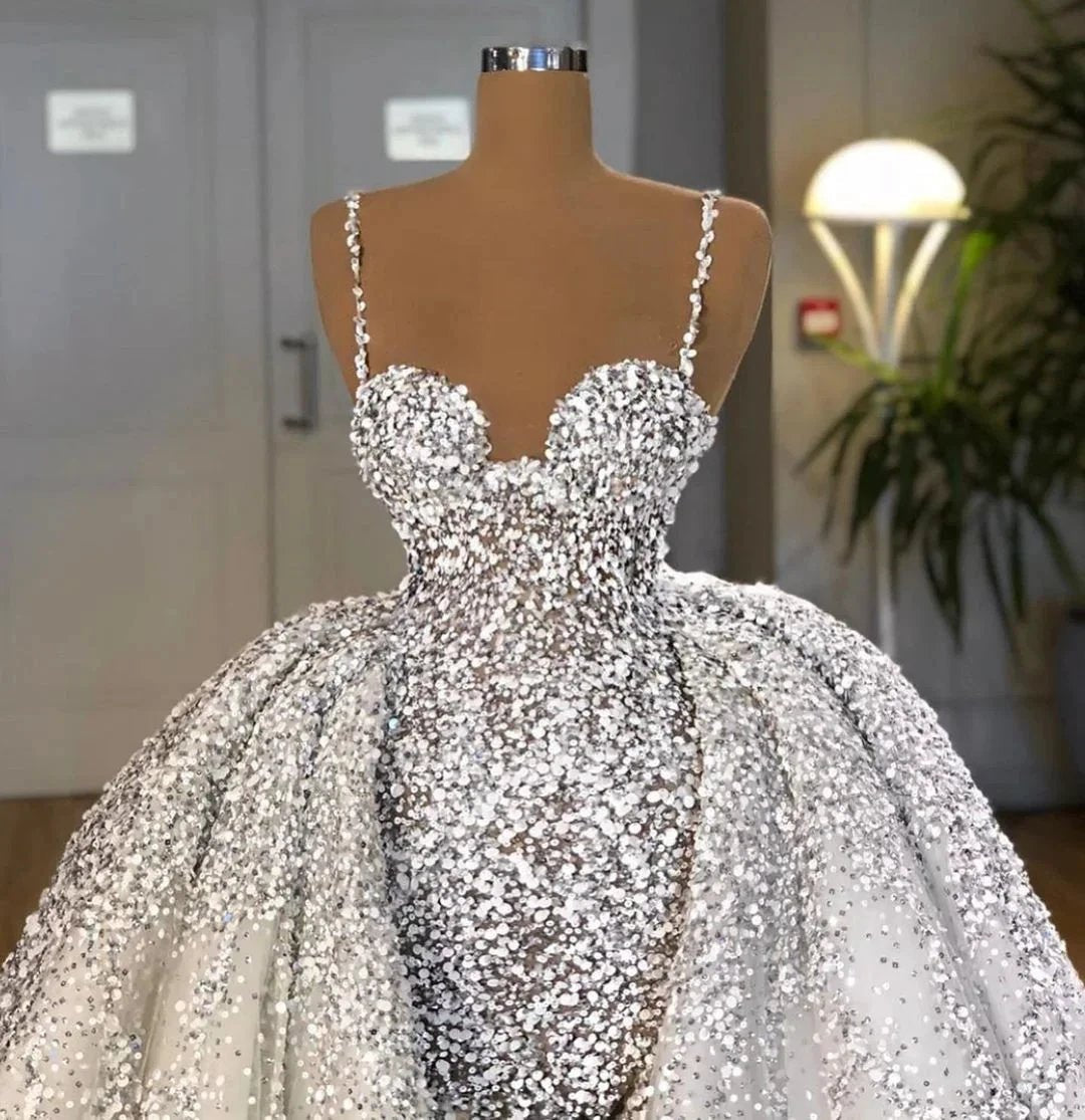 Brilliant Long Mermaid Sweetheart Sequins Wedding Dress With Ruffles Train (ZD14320)