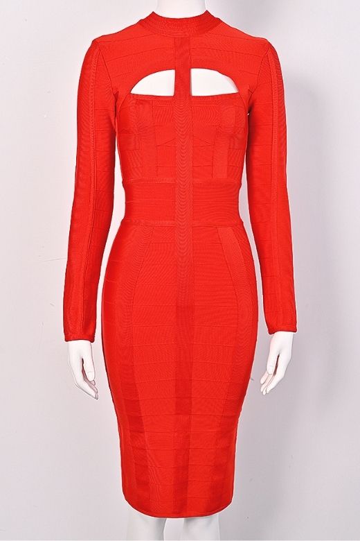 Brooke Long Sleeve Bandage Midi Dress - Lipstick Red