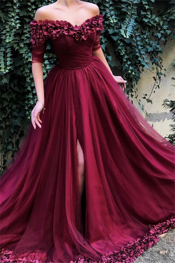 Burgundy A-Line Off-the-Shoulder Tulle Flower Applique Prom Dresses