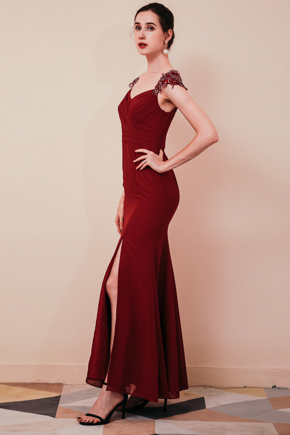 Burgundy Beaded Cap sleeves Chiffon Column Evening Dress