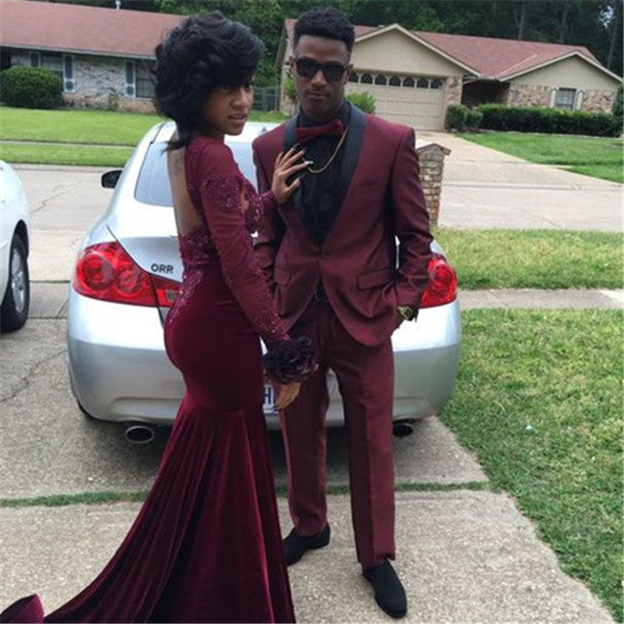 Burgundy Black Shawl One Button Slim-Fit Prom Party Men Suit