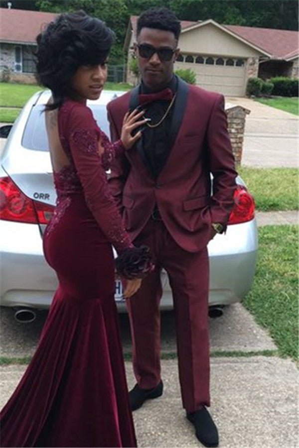 Burgundy Black Shawl One Button Slim-Fit Prom Party Men Suit