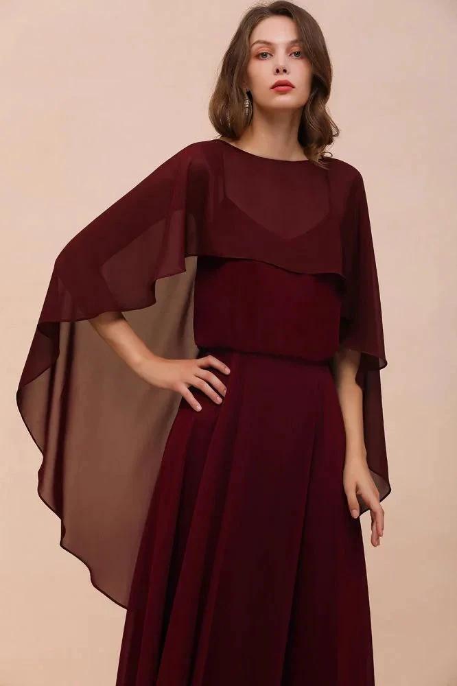 Burgundy Bridesmaid Dresses Spaghetti Straps Chiffon Floor Length Wedding Guest Dress with Back Cape Wraps (ZD13008)