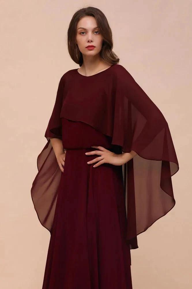 Burgundy Bridesmaid Dresses Spaghetti Straps Chiffon Floor Length Wedding Guest Dress with Back Cape Wraps (ZD13008) - View 4 | VelvetHem