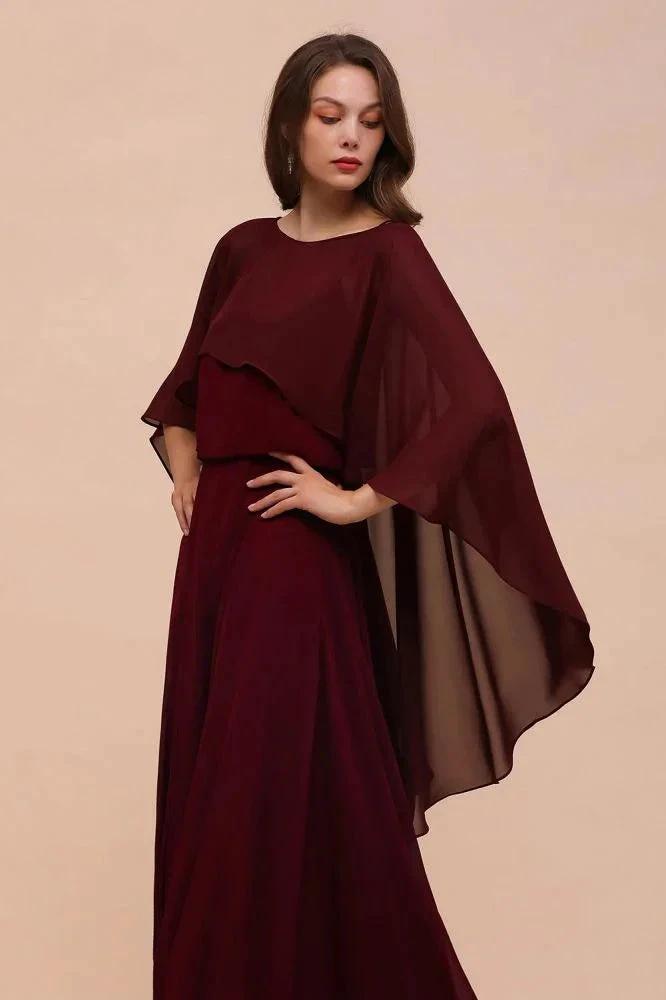 Burgundy Bridesmaid Dresses Spaghetti Straps Chiffon Floor Length Wedding Guest Dress with Back Cape Wraps (ZD13008) - View 5 | VelvetHem