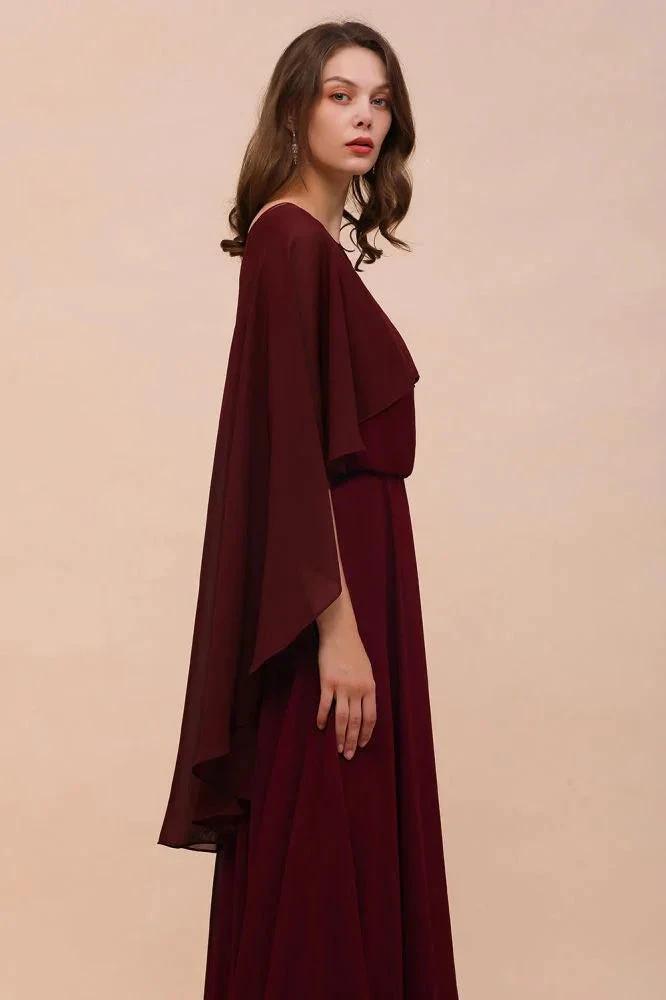 Burgundy Bridesmaid Dresses Spaghetti Straps Chiffon Floor Length Wedding Guest Dress with Back Cape Wraps (ZD13008)