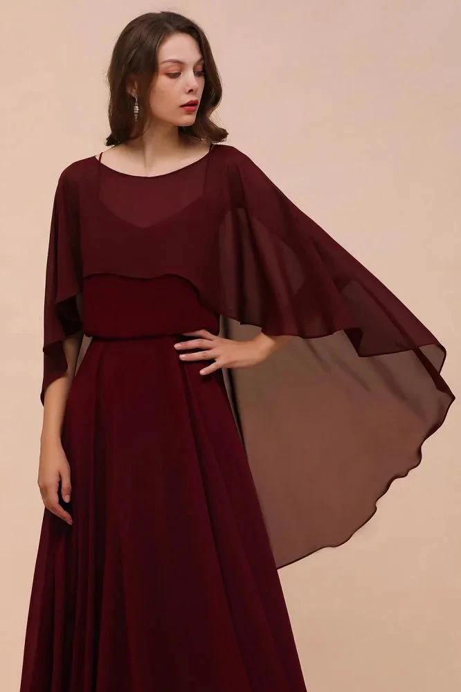 Burgundy Bridesmaid Dresses Spaghetti Straps Chiffon Floor Length Wedding Guest Dress with Back Cape Wraps (ZD13008)