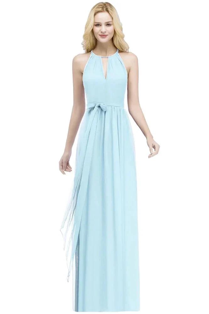 Burgundy Halter A-line Floor Length Bridesmaid Dresses with Bow Sash by misshow.com