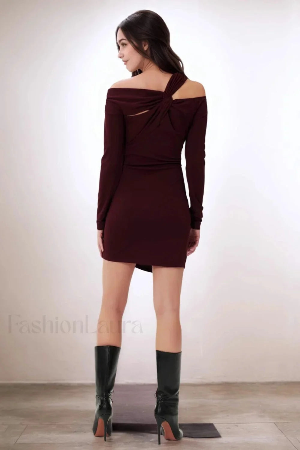 Burgundy Off Shoulder Tailored Dress for Streetwear Style