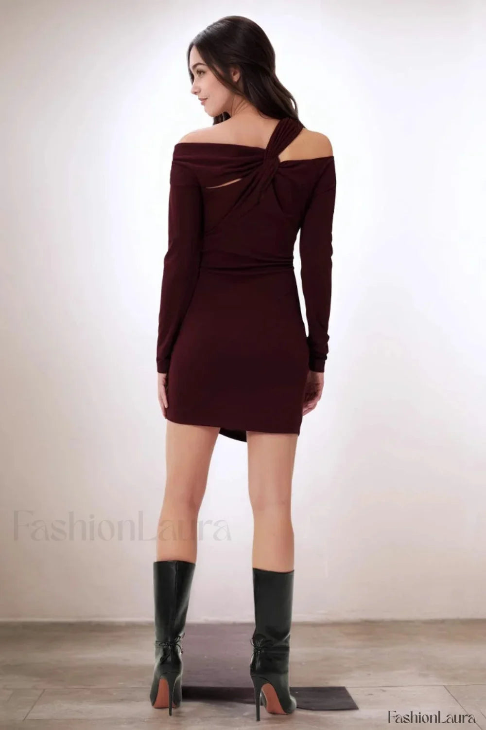 Burgundy Off Shoulder Tailored Dress for Streetwear Style