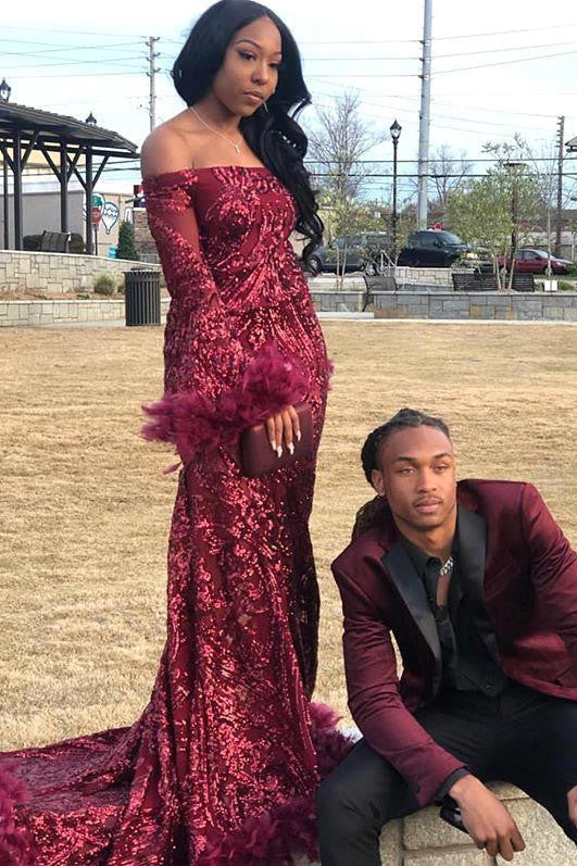 Burgundy Off-the-Shoulder Sequins Sheath Long Sleeves Prom Dress with Feather