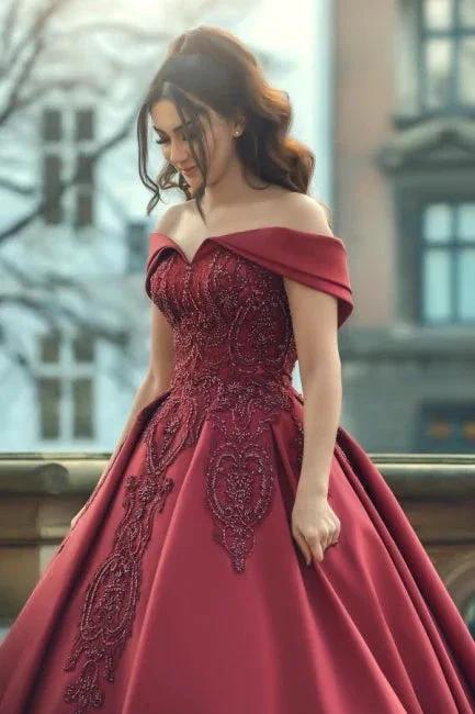 Burgundy Off-the-shoulder A-Line Satin Wedding Dresses Bridal Gowns With Lace (ZD16551)
