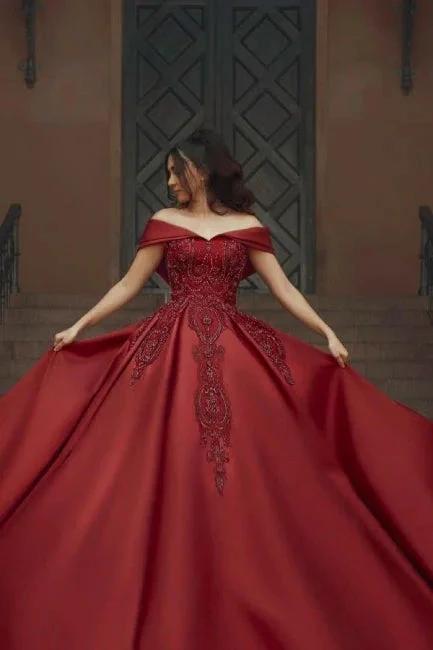 Burgundy Off-the-shoulder A-Line Satin Wedding Dresses Bridal Gowns With Lace (ZD16551) - View 4 | VelvetHem