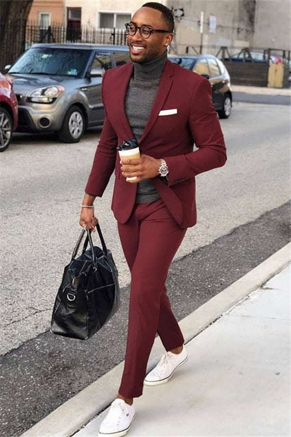 Burgundy One Button Men's Suit Slim-Fit Formal Business Suit